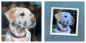 Bespoke pet portrait of Labrador Retriever by bradburyART, showcasing detailed artistic rendering next to actual dog photo. Perfect gift for pet lovers.