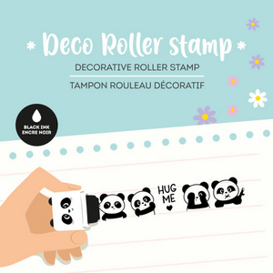 Legami Deco Roller Stamp - Decorative Roller Stamp - Panda - Black Ink being used on a page with panda designs and black ink.