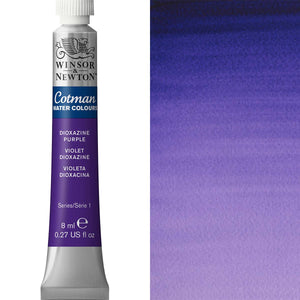 Winsor & Newton Cotman Watercolour paint tube in Dioxazine Purple with swatch gradient