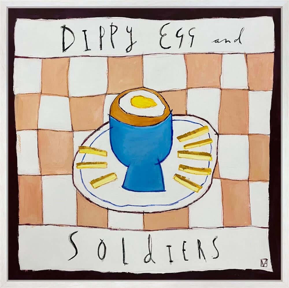 Artwork titled 'Dippy Egg and Soldiers by Michael Abrams' featuring an egg in a blue cup with bread soldiers.