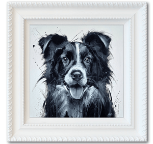 Bespoke black and white pet portrait by bradburyART, featuring a playful dog in a detailed and expressive style, framed in white.