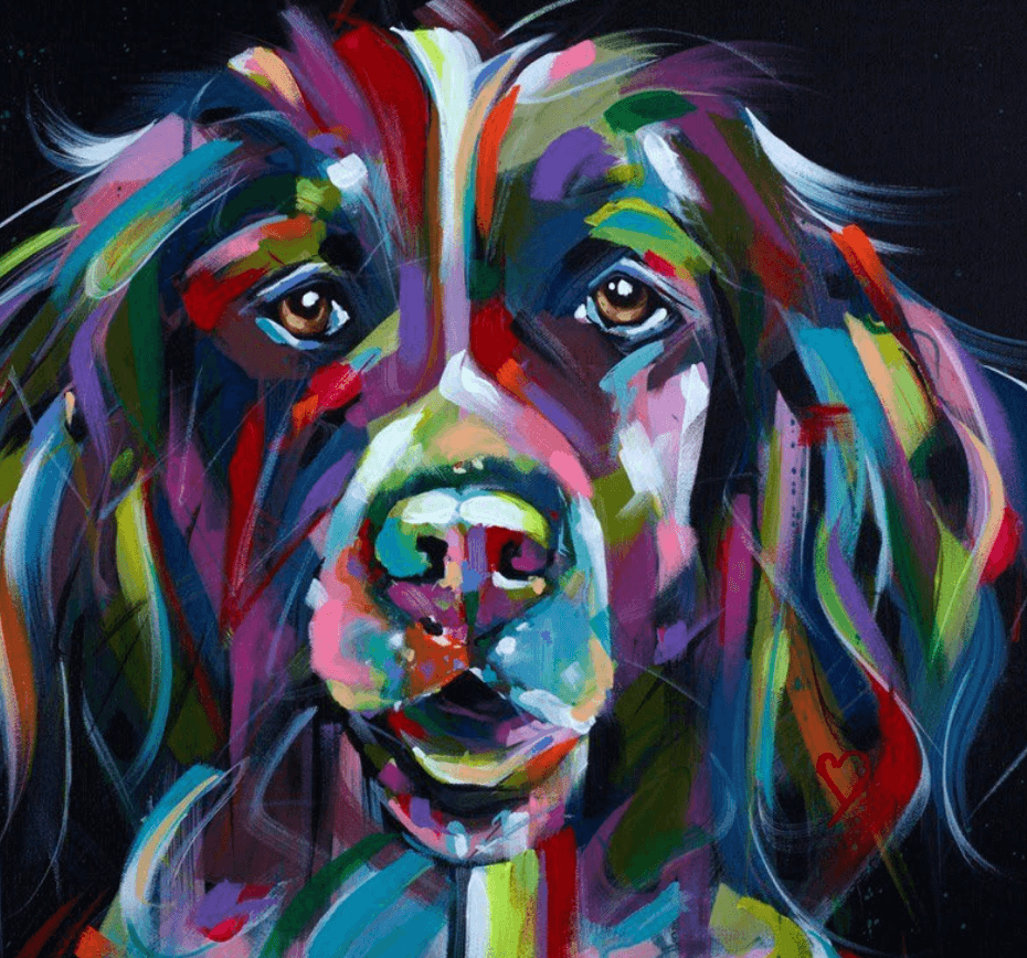 Vibrant bespoke pet portrait of a dog by bradburyART, featuring bold, colorful brushstrokes and expressive details.