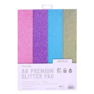 Dovecraft Glitter Card A4 Pad – Pastels (24 Sheets) showcasing pastel glitter cardstock for papercraft and scrapbooking.