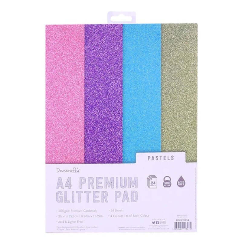 Dovecraft Glitter Card A4 Pad – Pastels (24 Sheets) showcasing pastel glitter cardstock for papercraft and scrapbooking.