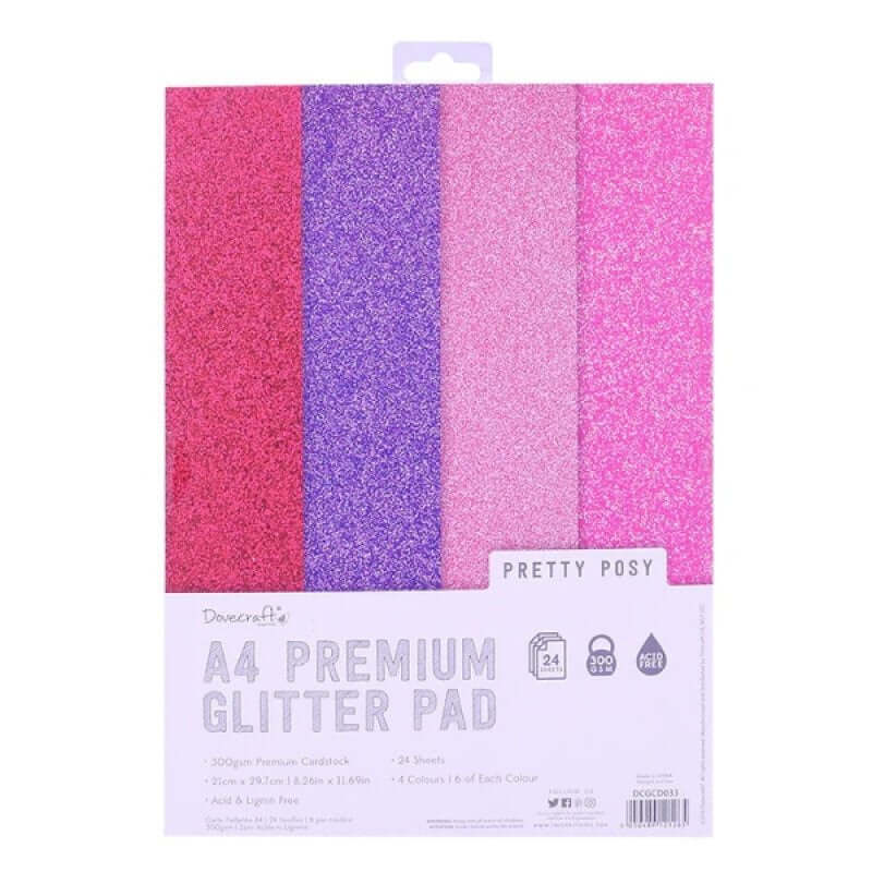 Dovecraft Glitter Card A4 Pad – Perfectly Pink (24 Sheets) in four pink shades for crafting, card making, and scrapbooking.