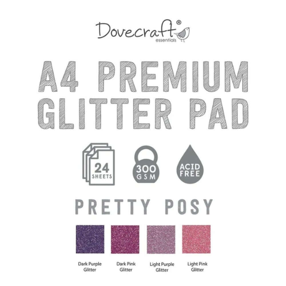 Dovecraft Glitter Card A4 Pad – Perfectly Pink (24 Sheets) includes 300gsm, acid-free cardstock ideal for papercraft projects.