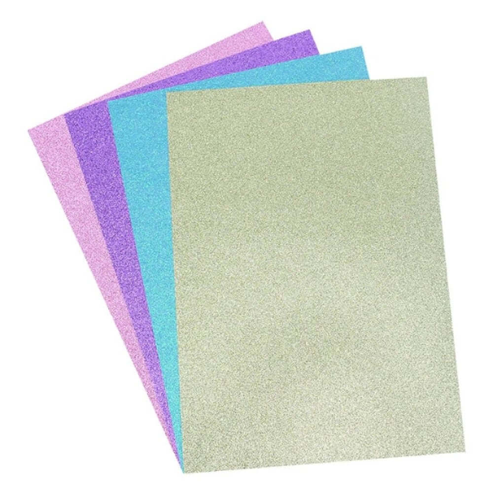 Dovecraft Glitter Card A4 Pad – Pastels (24 Sheets) showing 4 pastel shades of glitter cardstock suitable for crafting and scrapbooking.