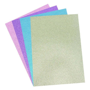 Dovecraft Glitter Card A4 Pad – Pastels (24 Sheets) showing 4 pastel shades of glitter cardstock suitable for crafting and scrapbooking.