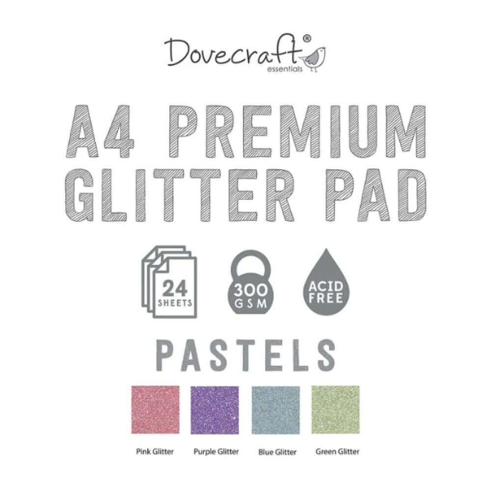Dovecraft Glitter Card A4 Pad – Pastels (24 Sheets) with 300gsm, acid-free pastel glitter sheets for crafting and scrapbooking.