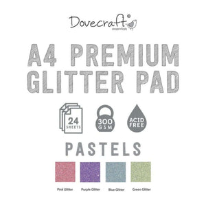 Dovecraft Glitter Card A4 Pad – Pastels (24 Sheets) with 300gsm, acid-free pastel glitter sheets for crafting and scrapbooking.