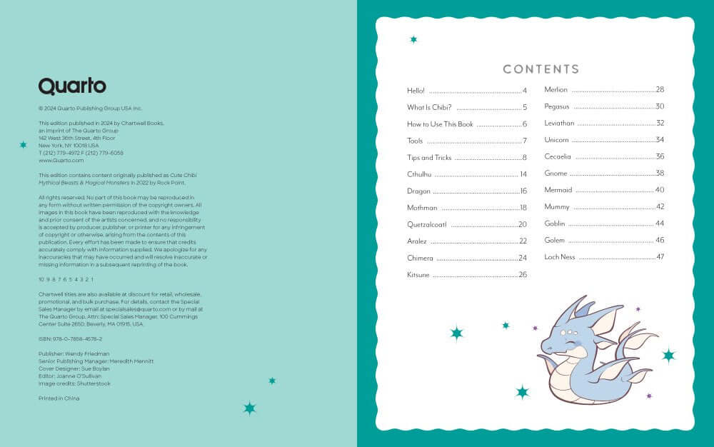 Draw & Color Mythical Beasts Kit – Markers, Books & Chibi Fun contents page featuring a cute dragon illustration