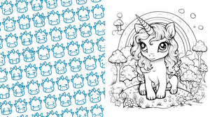 Draw & Color Mythical Beasts Kit – Markers, Books & Chibi Fun featuring a chibi unicorn scene and cute character sketches.