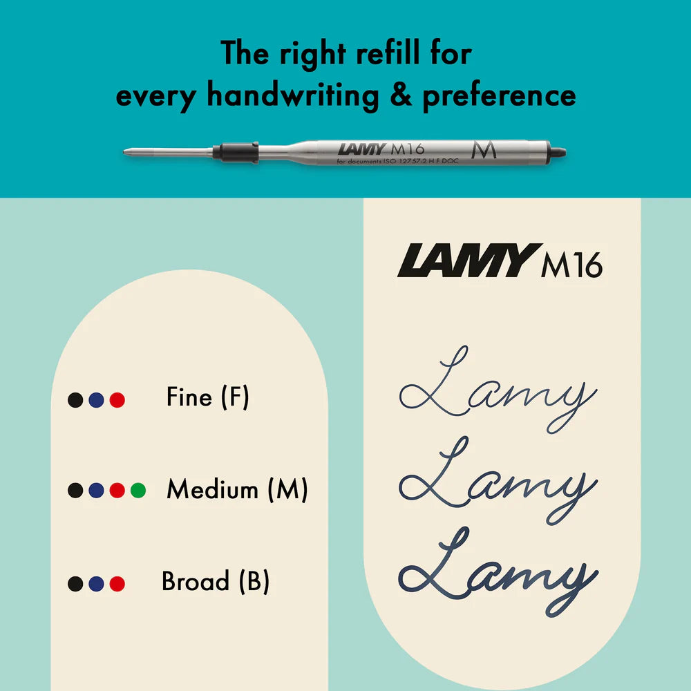 LAMY M16 refill for LAMY noto Ballpoint Pen, showcasing fine, medium, and broad options for diverse handwriting preferences.