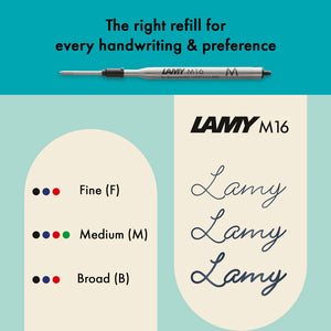 LAMY M16 refill for LAMY noto Ballpoint Pen, showcasing fine, medium, and broad options for diverse handwriting preferences.