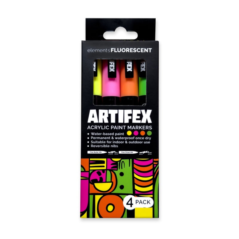 Elements Artifex acrylic paint markers, 4-pack fluorescent set, 2–3 mm bullet tip
