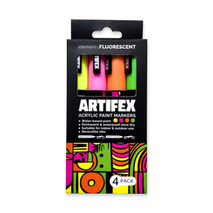 Elements Artifex acrylic paint markers, 4-pack fluorescent set, 5–6 mm bullet tip