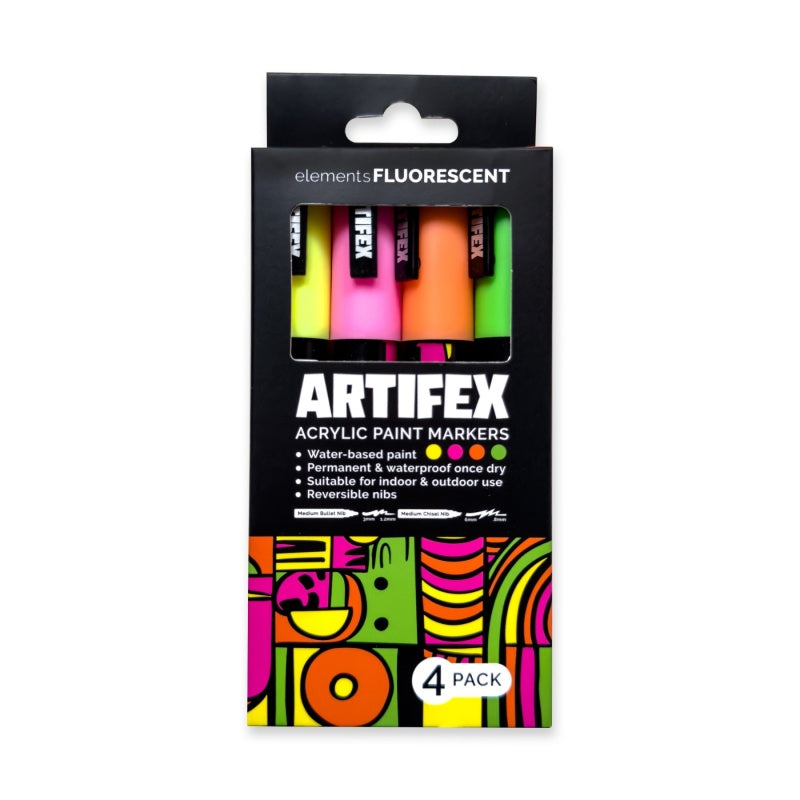 Elements Artifex acrylic paint markers, 4-pack fluorescent set, 5–6 mm bullet tip