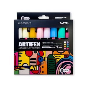 Elements Artifex Acrylic Paint Markers – 8 Pastel Colours, 5–6 mm Bullet Tip in packaging displaying pastel shades.