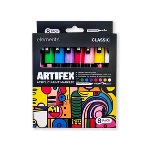 Elements Artifex Acrylic Paint Markers – 8 Classic Colours, 2–3 mm Bullet Tip in vibrant packaging for artists and creators.