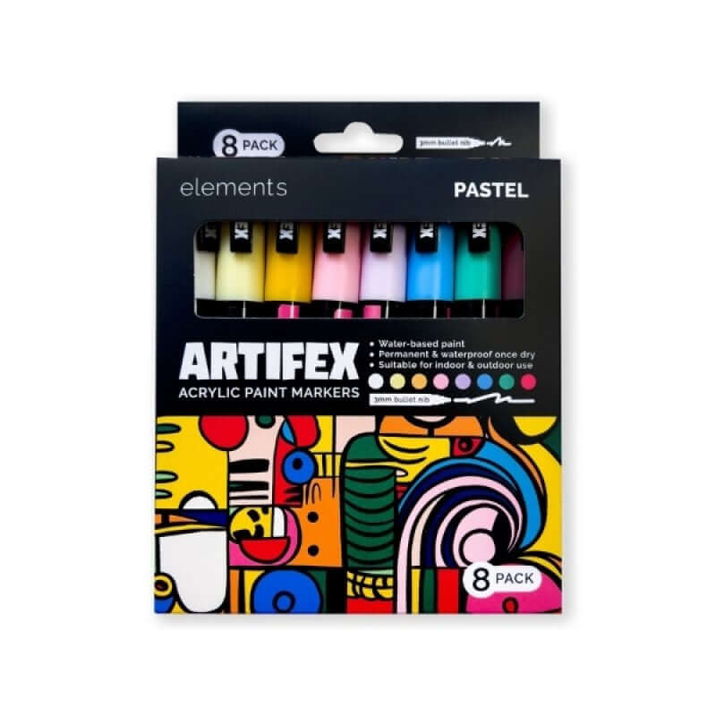 Elements Artifex Acrylic Paint Markers – 8 Pastel Colours, 2–3 mm Bullet Tip in original packaging with artistic design.