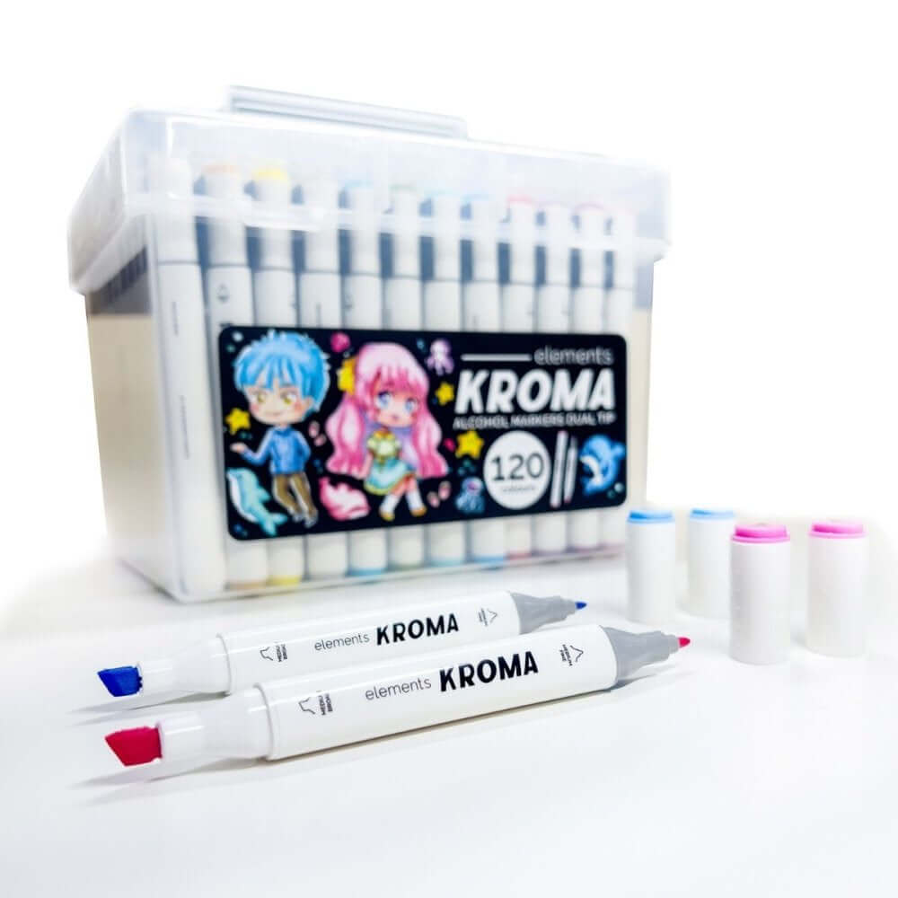 Elements Kroma Alcohol Markers – 120 Piece Set with Storage Box featuring dual-tip design markers in assorted colors for artists.