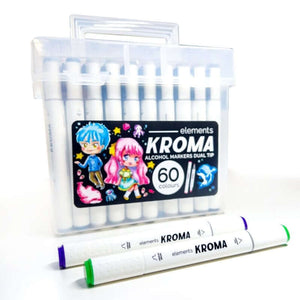 Elements Kroma Alcohol Markers – 60 Piece Set with Storage Box featuring dual-tip markers in a durable plastic case.
