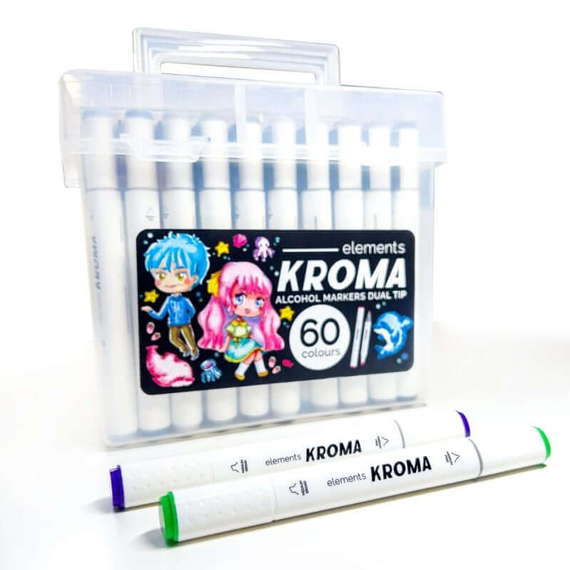 Elements Kroma Alcohol Markers – 60 Piece Set with Storage Box featuring dual-tip markers in a durable plastic case.