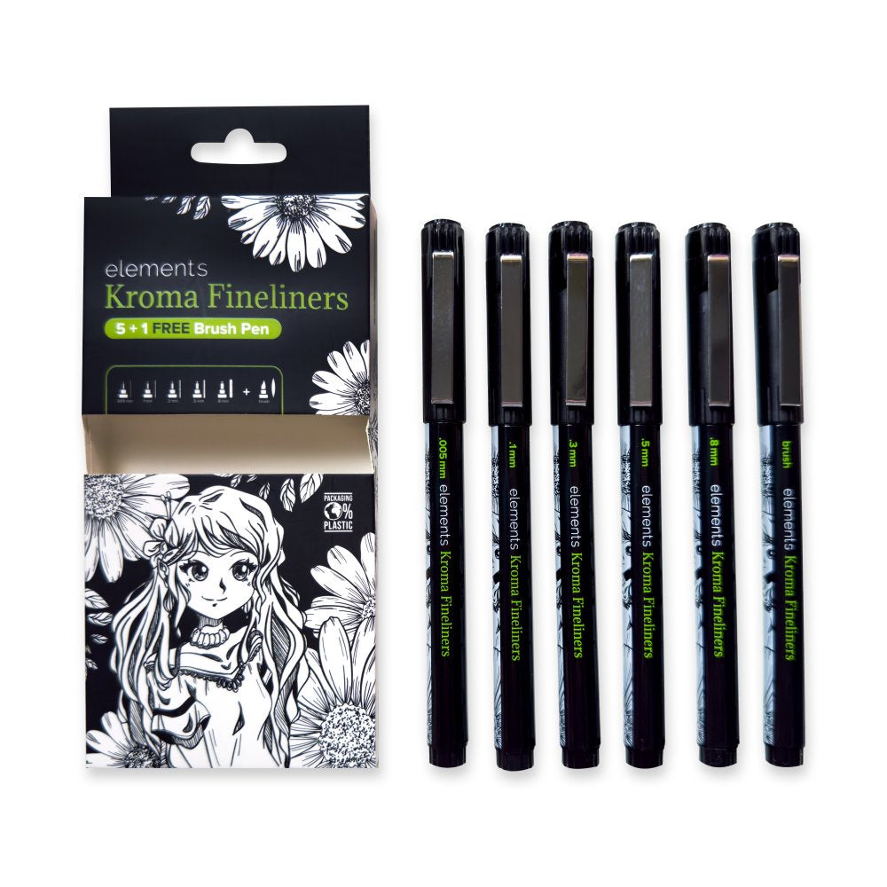 Elements Kroma Fineliners - 5 Piece Set with Free Brush Pen