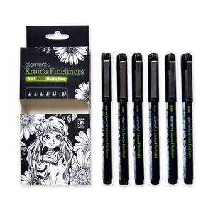 Elements Kroma Fineliners 5 piece set with free brush pen, black ink
