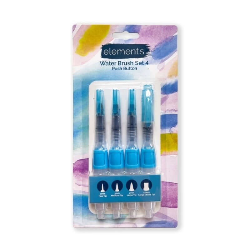Elements Push Button Water Brush Set – Pack of 4, watercolour brushes with built-in reservoir and push-button control for precision.