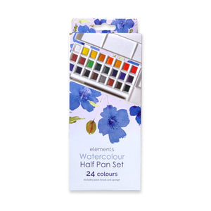 Elements Watercolour 24 Half Pan Set in packaging next to the closed white paint case