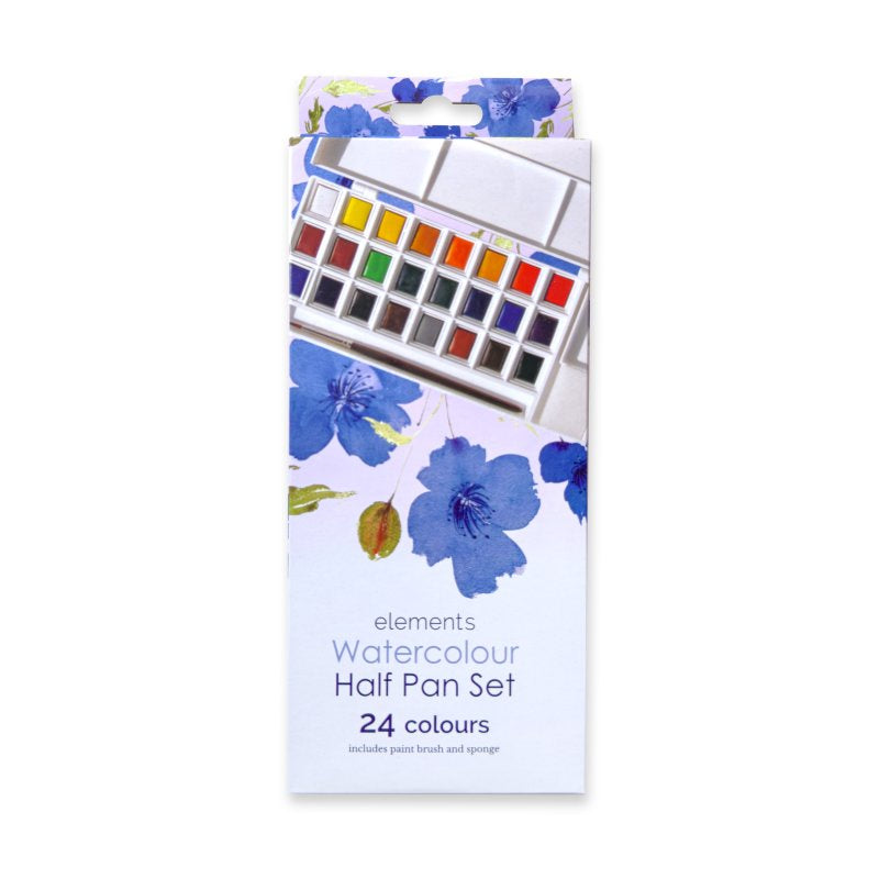 Elements Watercolour 24 Half Pan Set in packaging next to the closed white paint case