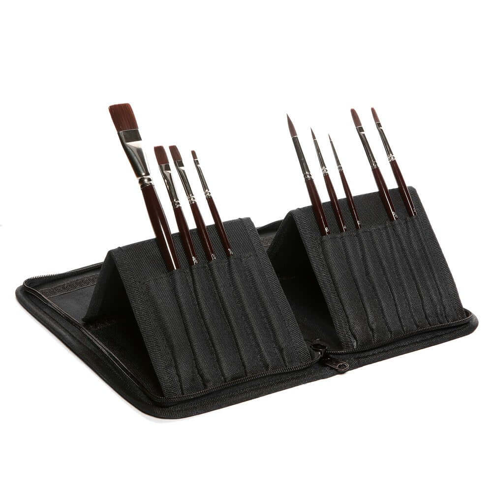 Set of 9 long handle acrylic brushes in stand wallet for artists