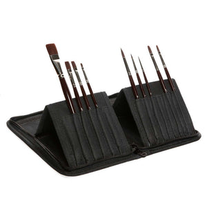 Set of 9 long handle acrylic brushes in stand wallet for artists