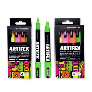 Elements Artifex fluorescent acrylic paint markers showing the reversible bullet/chisel nib