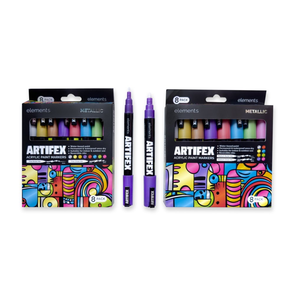 Elements Artifex metallic acrylic paint markers showing the reversible bullet/chisel nib