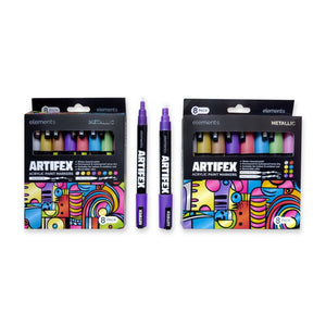 Elements Artifex metallic acrylic paint markers showing the reversible bullet/chisel nib