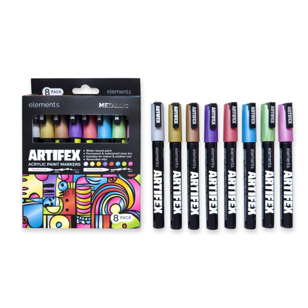 Elements Artifex metallic acrylic paint marker pack, front view