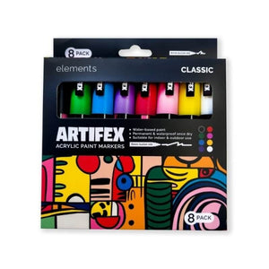 Elements Artifex Acrylic Paint Markers – 8 Classic Colours, 5–6 mm Bullet Tip packaging showcasing bright, artist-grade markers.