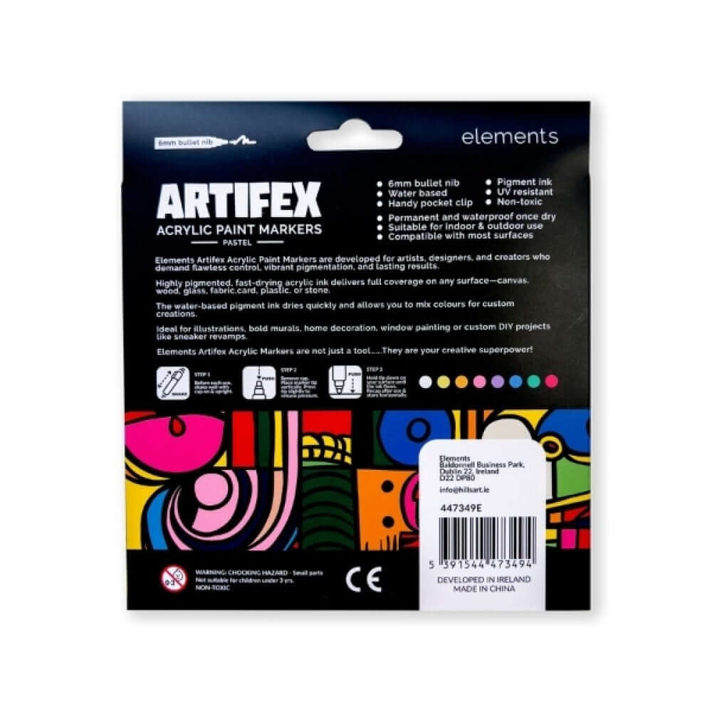 Back packaging of Elements Artifex Acrylic Paint Markers – 8 Pastel Colours, 5–6 mm Bullet Tip, showing details and color samples.