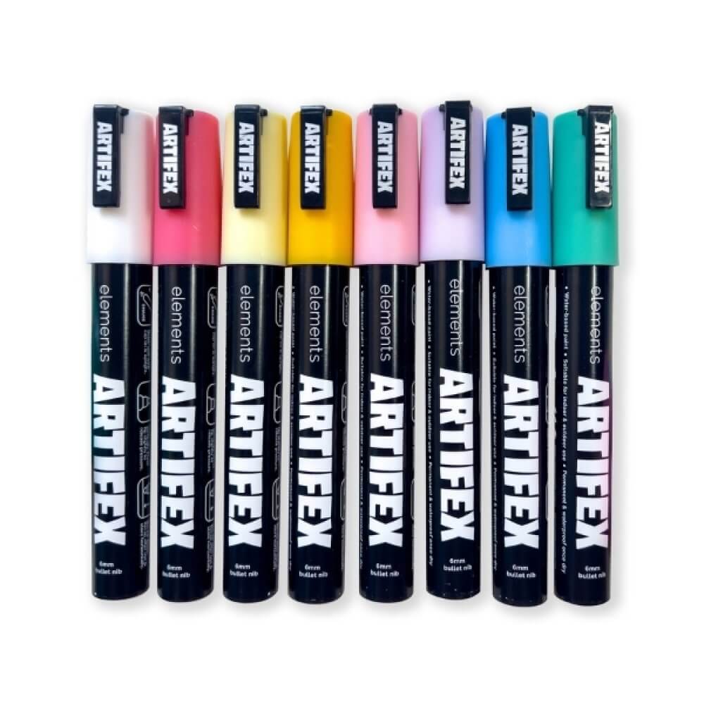 Elements Artifex Acrylic Paint Markers – 8 Pastel Colours, 5–6 mm Bullet Tip set showing various shades on a white background.