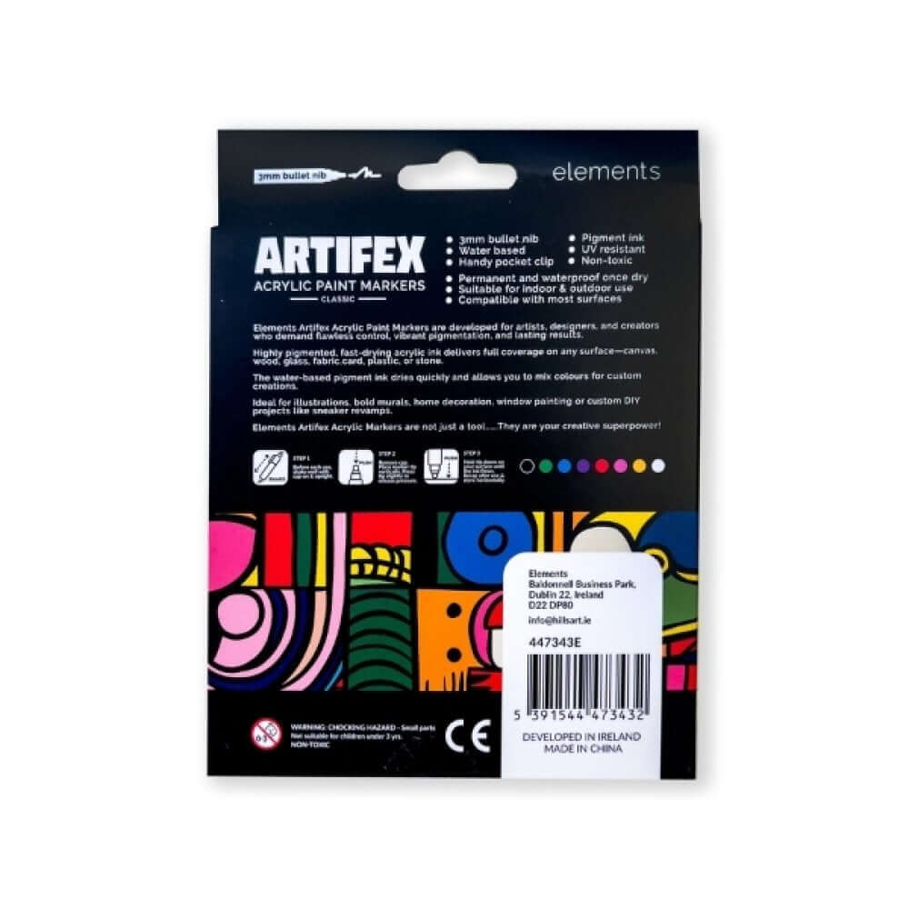 Back packaging of Elements Artifex Acrylic Paint Markers – 8 Classic Colours, 2–3 mm Bullet Tip with colorful design and barcode.