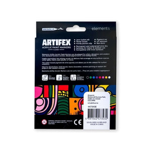 Back packaging of Elements Artifex Acrylic Paint Markers – 8 Classic Colours, 2–3 mm Bullet Tip with colorful design and barcode.