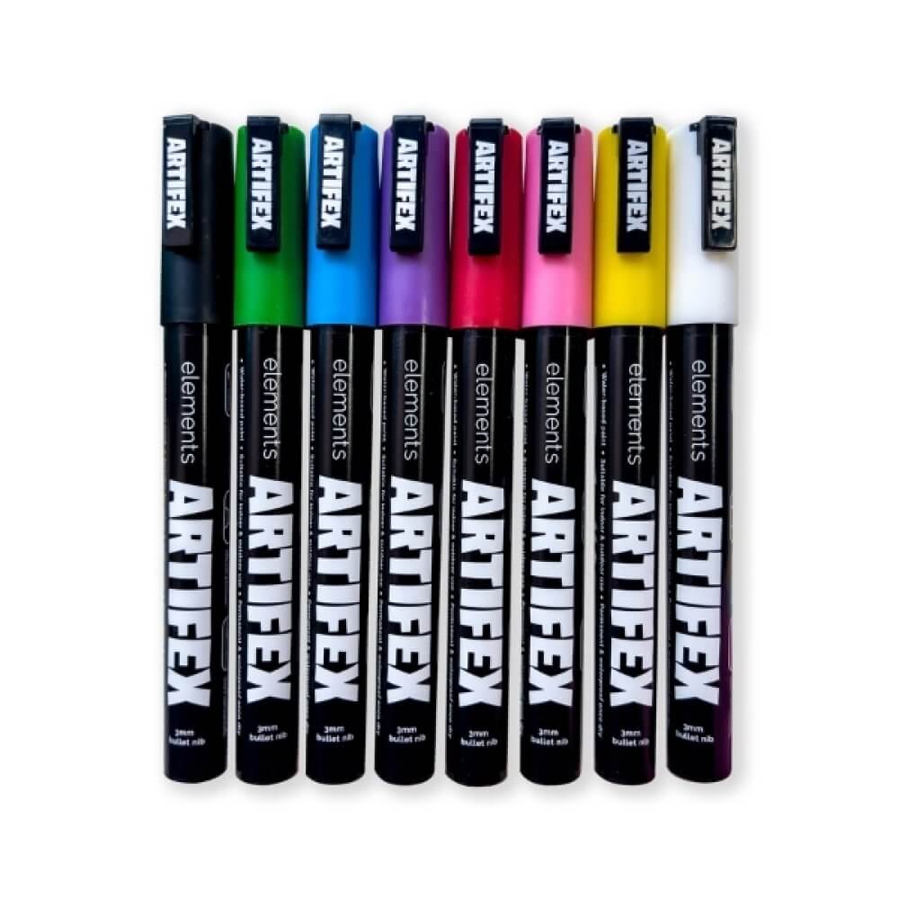Elements Artifex Acrylic Paint Markers – 8 Classic Colours, 2–3 mm Bullet Tip, vibrant full-coverage color markers for artists and DIY creators