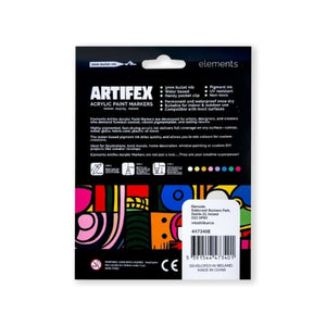 Elements Artifex Acrylic Paint Markers – 8 Pastel Colours, 2–3 mm Bullet Tip packaging back with design details and vibrant illustrations.