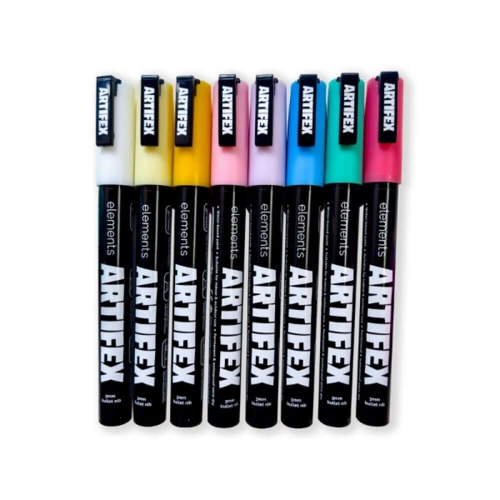 Elements Artifex Acrylic Paint Markers – 8 Pastel Colours, 2–3 mm Bullet Tip in a row showcasing vibrant pastel shades.