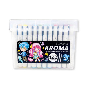 Elements Kroma Alcohol Markers – 120 Piece Set with Storage Box shown with bright colors and dual-tip design in a clear storage case.