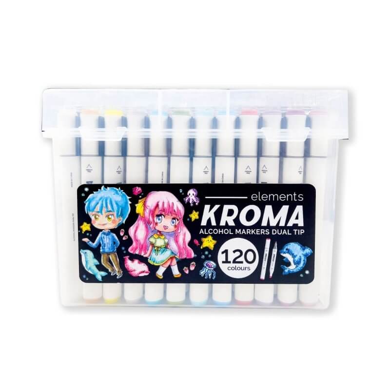 Elements Kroma Alcohol Markers – 120 Piece Set with Storage Box shown with bright colors and dual-tip design in a clear storage case.