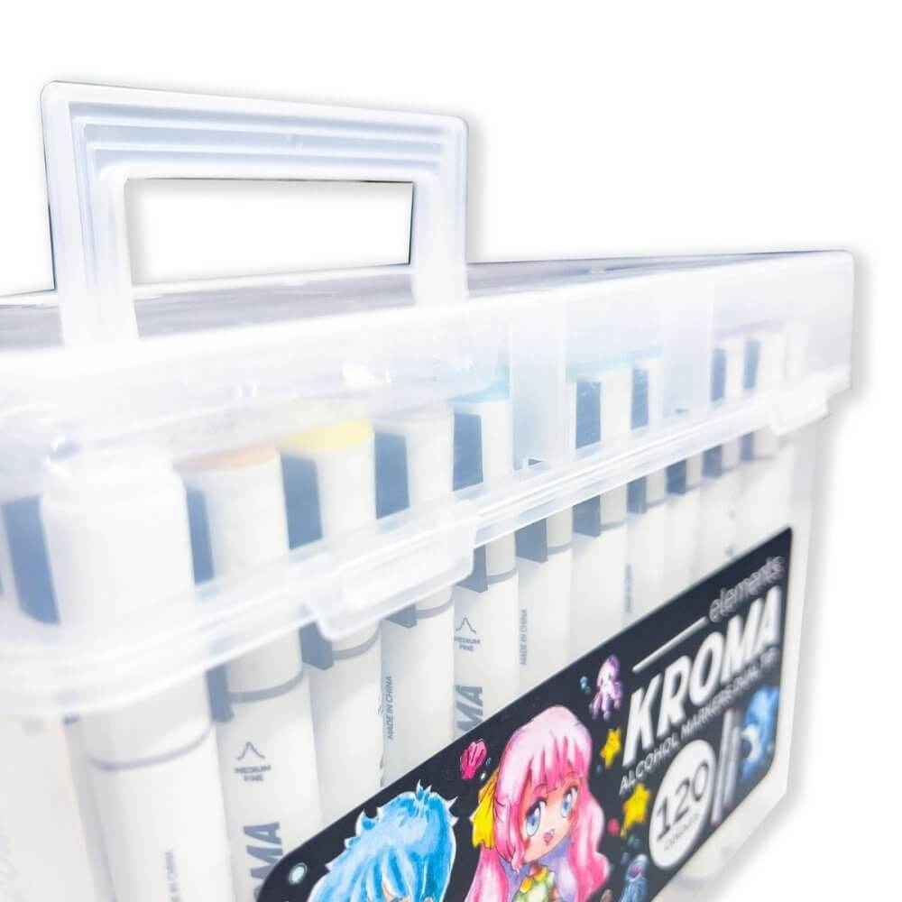 Elements Kroma Alcohol Markers – 120 Piece Set with Storage Box showcasing dual-tip design for artists in sketching and illustration.