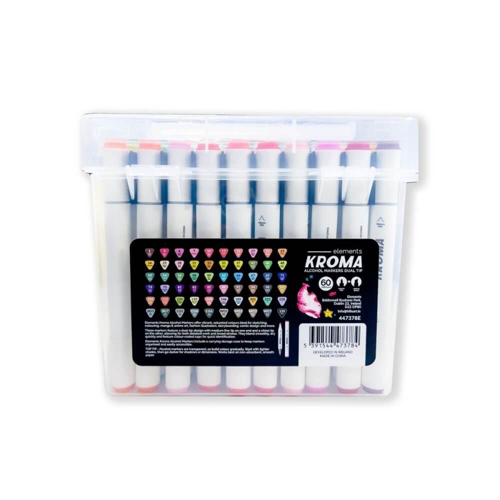 Elements Kroma Alcohol Markers – 60 Piece Set with Storage Box showing vibrant colored markers in a clear, durable case.